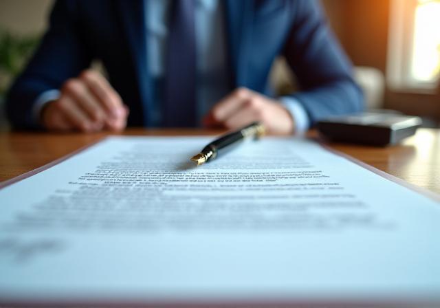 Close up of a professional signing a legal contract in a high-end office environment